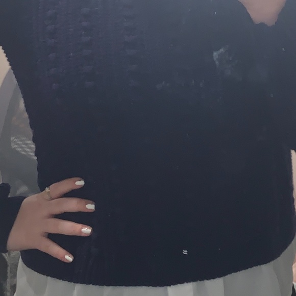 navy blue knit sweater w white undershirt detail - Picture 4 of 5